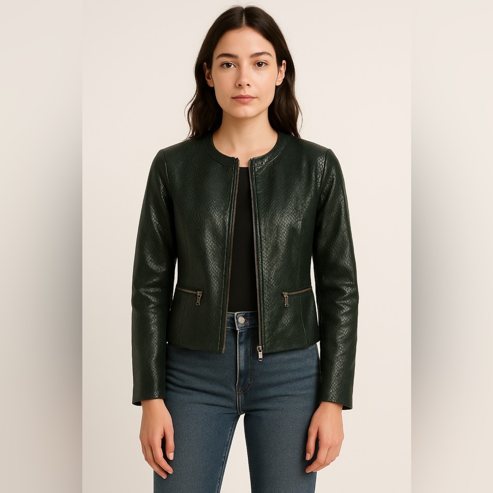 Jones New York Green Shiny Snakeskin Embossed Leather‎ Jacket Sz. S NWOT
